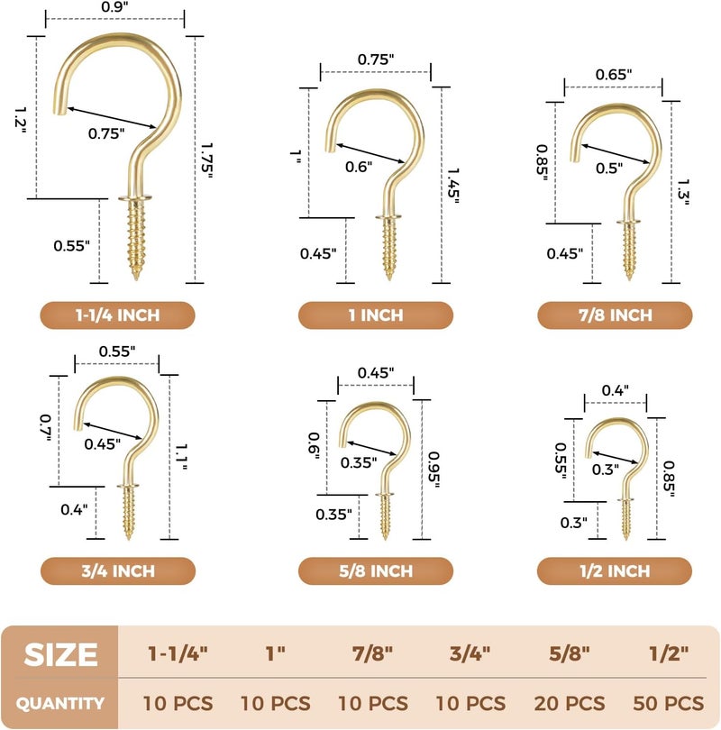RELBRO Screw Hooks, 6 Sizes Metal Screw in Cup Hooks, 1/2 Inch, 5/8 Inch, 3/4 Inch, 7/8 Inch, 1 Inch, 1-1/4 Inch, Gold, 110 Pcs - Image 3